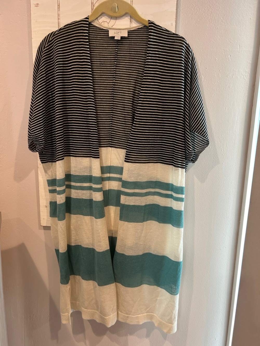 LOFT Open-Front Striped Long Cardigan-Duster in Black, Cream & Teal